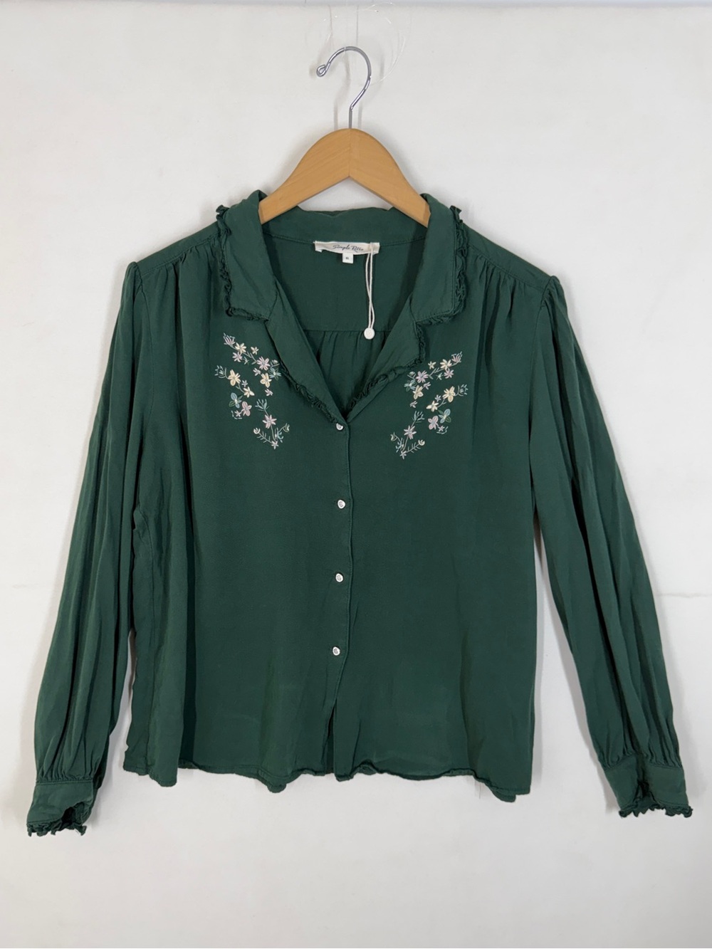 Simple Retro Womens Green Floral Embroidered Long Sleeve Blouse XL Boho Peasant